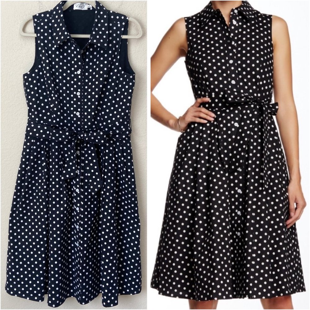 Eliza J. Polka Dot Button Down Tie Waist Midi Dress Contemporary Modest